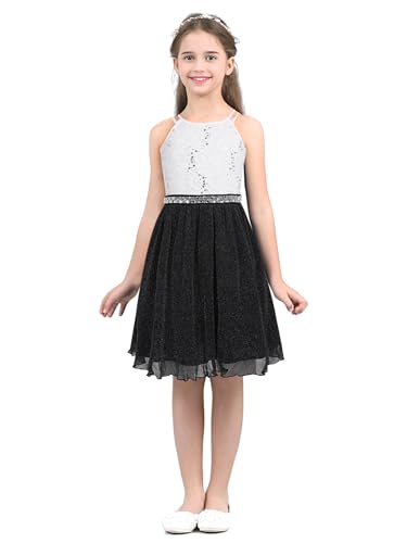 Freebily Mädchen Kleid Festlich Hochzeit Brautjungfern Blumenmädchen Kleid Elegantes Neckholder Prinzessin Kleid Partykleid Ballkleid A-Linie Schwarz&Weiß 140 von Freebily