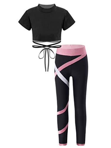 Freebily Mädchen Sport Kleidung Set Trainingsanzug Langarmshirt Crop Top mit Leggings Sport Gymnastik Tanz Outfits Dancewear C_Rosa 134-140/9-10 Jahre von Freebily