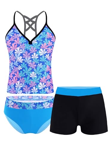 Freebily Mädchen Tankini Set 3-Teilig Badeanzug Bikini Bademode Badeshirt Badehose Slips Set Kinder Schwimmanzug Badebekleidung Beachwear A_Bunt-Blumen 152/12 Jahre von Freebily