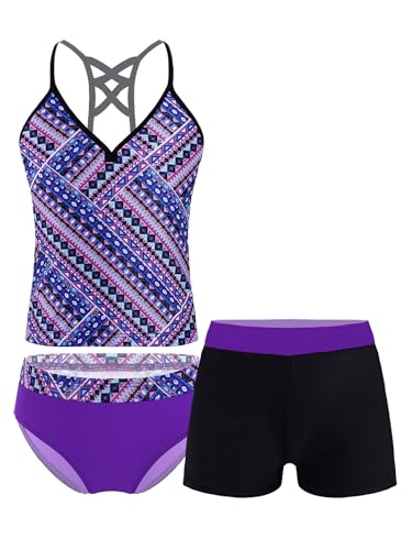Freebily Mädchen Tankini Set 3-Teilig Badeanzug Bikini Bademode Badeshirt Badehose Slips Set Kinder Schwimmanzug Badebekleidung Beachwear A_Lila-Ethnisch 140/10 Jahre von Freebily