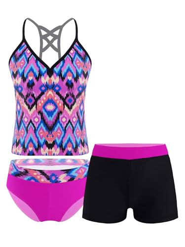 Freebily Mädchen Tankini Set 3-Teilig Badeanzug Bikini Bademode Badeshirt Badehose Slips Set Kinder Schwimmanzug Badebekleidung Beachwear A_Rosenrot-Geometrie 152/12 Jahre von Freebily