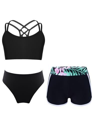 Freebily Mädchen Tankini Set 3-Teilig Badeanzug Bikini Hose Oberteil Badehose Slips Set Kinder Schwimmanzug Badebekleidung Beachwear S Schwarz 134-140 von Freebily