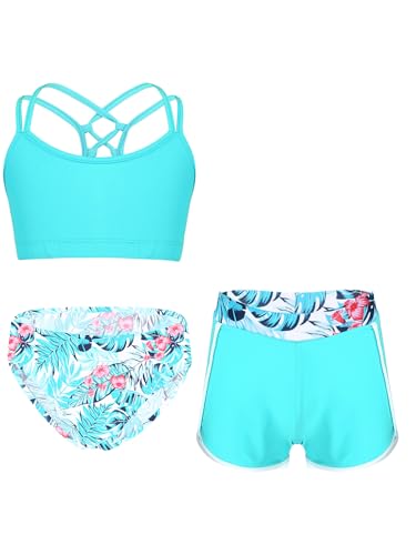 Freebily Mädchen Tankini Set 3-Teilig Badeanzug Bikini Hose Oberteil Badehose Slips Set Kinder Schwimmanzug Badebekleidung Beachwear Blatt 134-140 von Freebily
