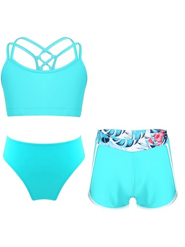 Freebily Mädchen Tankini Set 3-Teilig Badeanzug Bikini Hose Oberteil Badehose Slips Set Kinder Schwimmanzug Badebekleidung Beachwear Blaugrün 158-164 von Freebily