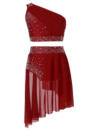 Freebily Mädchen Tanz Outfit Set Glitzer Standard Latin Tanzkleider Kinder Swing Tanzrock EIN-Schulter Crop Top Ballettkleidung Auftritt Outfit Burgundy_A 146-152 von Freebily