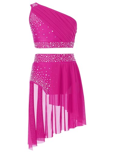 Freebily Mädchen Tanz Outfit Set Glitzer Standard Latin Tanzkleider Kinder Swing Tanzrock EIN-Schulter Crop Top Ballettkleidung Auftritt Outfit Hotpink_A 158-164 von Freebily