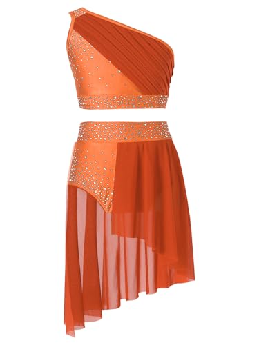 Freebily Mädchen Tanz Outfit Set Glitzer Standard Latin Tanzkleider Kinder Swing Tanzrock EIN-Schulter Crop Top Ballettkleidung Auftritt Outfit Orange_A 158-164 von Freebily
