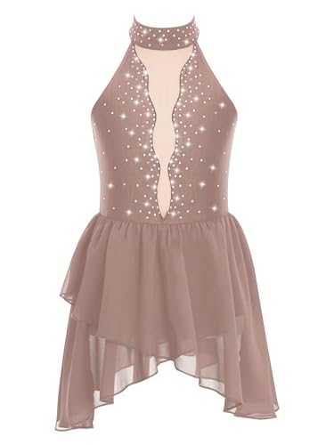Freebily Mädchen Tanzkleid Ärmelloses Neckholder Eiskunstlauf Kleid Ballettkleid Mit Glitzer Strasssteinen Kinder Gymnastik Tanzkleidung Wettbewerb Kostüm Altrosa 146-152 von Freebily