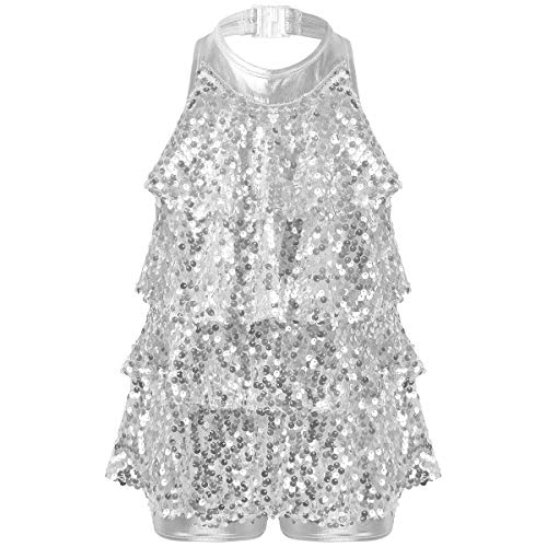 Freebily Mädchen Tanzkleid Glänzend Pailletten Ballett Trikot Lateinischer Rumba Samba Ballsaal Gymnastik Kleid Party Karneval Performance Tanz Kostüm A_Silber 110-116 von Freebily