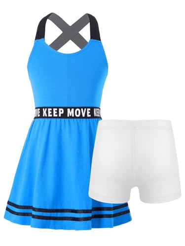 Freebily Mädchen Tennis Kleidung Ärmelloses Tennis Kleider Shorts 2er Set Kinder Sport Outfit Tanzkleid Badminton Training Fitness Bekleidung Blau 146-152/11-12 Jahre von Freebily