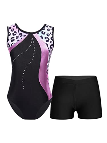 Freebily Mädchen Turnanzug Glitzer Ärmellos Gymnastikbody Trikot Shorts Set Kinder Ballett Tanzkleidung Wettkampf Traininganzug A_Leopard-Rosa 122-128/7-8 Jahre von Freebily