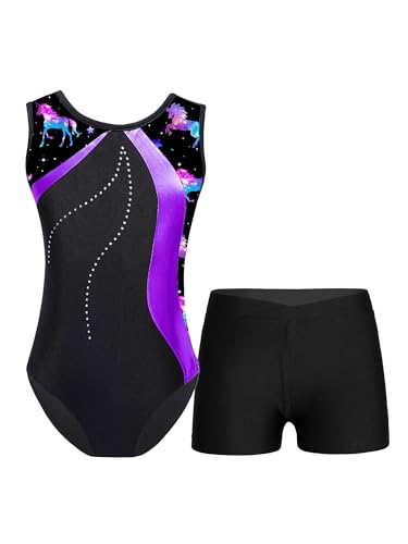 Freebily Mädchen Turnanzug Glitzer Ärmellos Turntrikot Gymnastik Body Shorts Set Kinder Ballett Tanzkleidung Wettkampf Traininganzug A_Violett 110-116/5-6 Jahre von Freebily