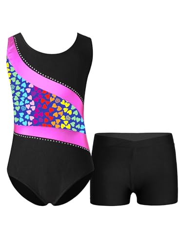 Freebily Mädchen Turnanzug Glitzer Ärmellos Turntrikot Gymnastik Body Shorts Set Kinder Ballett Tanzkleidung Wettkampf Traininganzug L_Rosa-Herze 134-140 von Freebily