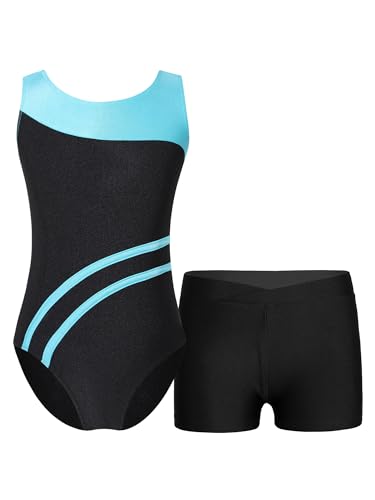 Freebily Mädchen Turnanzug Glitzer Ärmellos Turntrikot Gymnastik Body Shorts Set Kinder Ballett Tanzkleidung Wettkampf Traininganzug G_Blaugrün&Schwarz 146-152 von Freebily