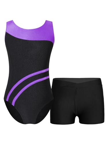 Freebily Mädchen Turnanzug Glitzer Ärmellos Turntrikot Gymnastik Body Shorts Set Kinder Ballett Tanzkleidung Wettkampf Traininganzug G_Lila&Schwarz 134-140 von Freebily