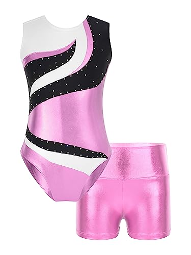 Freebily Mädchen Turnanzug Glitzer Ärmellos Turntrikot Gymnastik Body Shorts Set Kinder Ballett Tanzkleidung Wettkampf Traininganzug K_Rosa 134-140 von Freebily