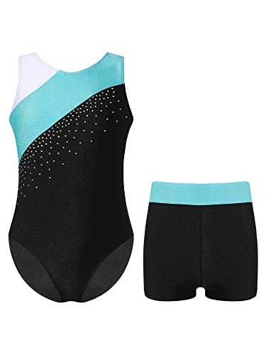 Freebily Mädchen Turnanzug Mit Kurzer Hose Ärmellos Turntrikot Gymnastik Body Shorts Mit Glitzer Strass Kinder Wettkampf Ballett Tanzkleidung Blaugrün 146-152 von Freebily