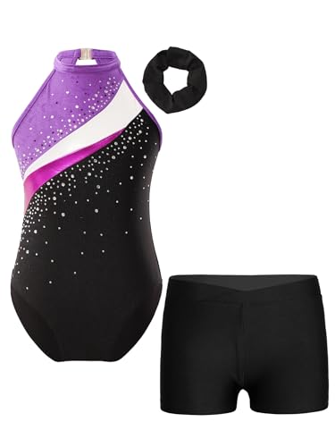 Freebily Mädchen Turnanzug Mit Kurzer Hose Kinder Turntrikot Gymnastik Shorts Set mit Glitzer Strass Tanz Ballettbody Leotard Outfit Lila&Schwarz_A 122-128 von Freebily