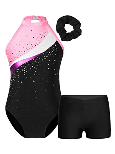 Freebily Mädchen Turnanzug Mit Kurzer Hose Kinder Turntrikot Gymnastik Shorts Set mit Glitzer Strass Tanz Ballettbody Leotard Outfit Schwarz&Rosa_A 134-140 von Freebily