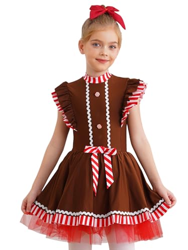 Freebily Mädchen Weihnachtskleid Lebkuchenmann Kleidung Kinder Samt Tutu Ballett Tanzkleid Trikot Fasching Party Tanzkleidung Braun 158-164 von Freebily