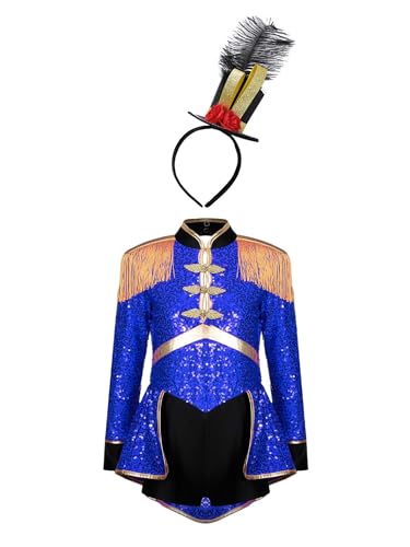 Freebily Mädchen Zirkus Zirkusdirektor Kleid Hut/Haarschmuck Set Kinder Tanz Outfit Glitzer Tanzkleid Langarm Tanzbody Für Halloween Karneval Party Königsblau&Haarreif 170 von Freebily
