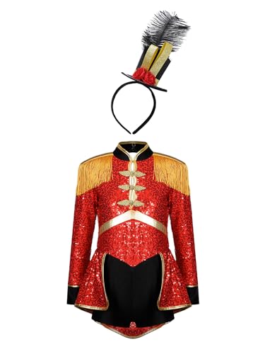 Freebily Mädchen Zirkus Zirkusdirektor Kleid Hut/Haarschmuck Set Kinder Tanz Outfit Glitzer Tanzkleid Langarm Tanzbody Für Halloween Karneval Party Rot&Haarreif 146-152 von Freebily