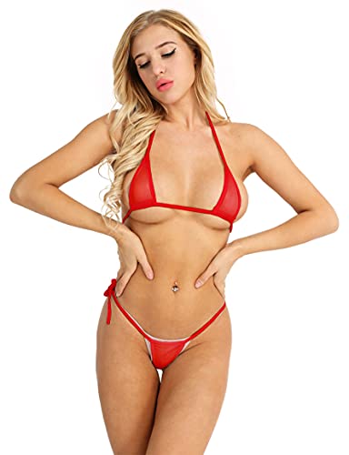 Freebily Damen Micro Bikini Set Sexy Klassischer Triangel Bikinioberteil Niedrige Taille Tanga Bikinihose Set Strand Badebekleidung Rot Einheitsgröße von Freebily