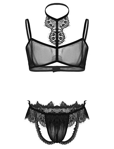 Freebily Transparent Herren Sissy Dessous Set Spitze Mesh Neckholder BH Büstenhalter Unterhemd offen Strings Briefs Erotik Unterwäsche Reizwäsche Schwarz X-Large von Freebily