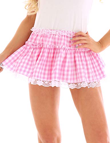 Freebily Unisex Damen Herren Sissy Dessous Kostüm Elastischer Bund Kurzer Rock mit Spitze Saum Mini Faltenrock Dienstmädchen Kariert Minirock Rosa Large von Freebily