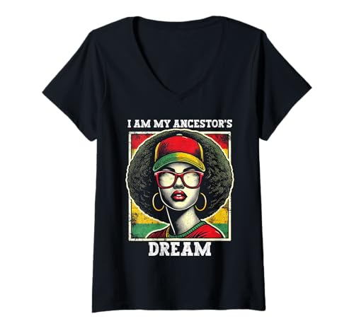 Damen Black Empowerment Juneteenth Pride Rooted Power Afro-Frau T-Shirt mit V-Ausschnitt von Freeborn & Fly Apparel.USA