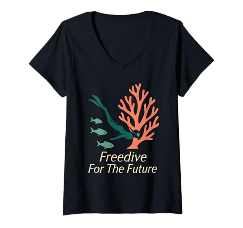 Damen Freitauchen Coral Reef Steward Ocean Conservation Eco Dive T-Shirt mit V-Ausschnitt Damen Freitauchen Coral Reef Steward Ocean Conservation Eco Dive T-Shirt mit V-Ausschnitt von Freediver Reef Steward Underwater Nature Lover
