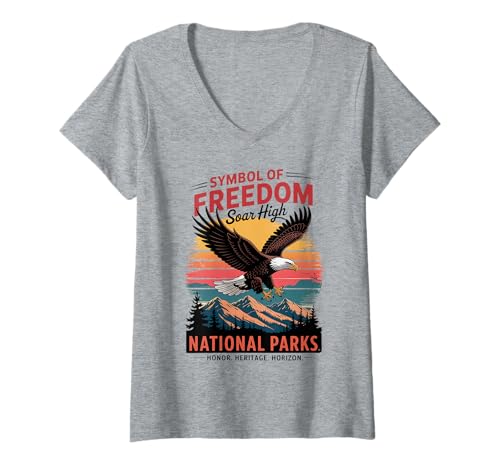 Damen Retro Patriotic American USA Adler - Retro National Parks T-Shirt mit V-Ausschnitt Damen Retro Patriotic American USA Adler - Retro National Parks T-Shirt mit V-Ausschnitt von Freedom Eagle Soaring - Vintage US Parks