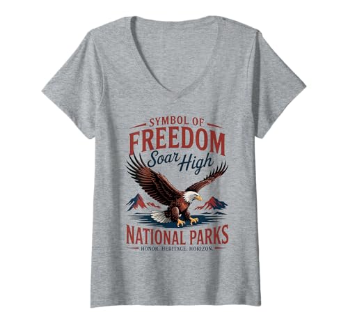 Damen Vintage Patriotic American USA Adler - Retro National Parks T-Shirt mit V-Ausschnitt von Freedom Eagle Soaring - Vintage US Parks