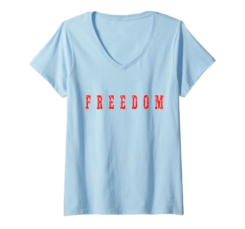 Damen Freedom Red Text Minimalist Design Bold Typografie Grafik T-Shirt mit V-Ausschnitt Damen Freedom Red Text Minimalist Design Bold Typografie Grafik T-Shirt mit V-Ausschnitt von Freedom Text Bold Typography Graphic Designs