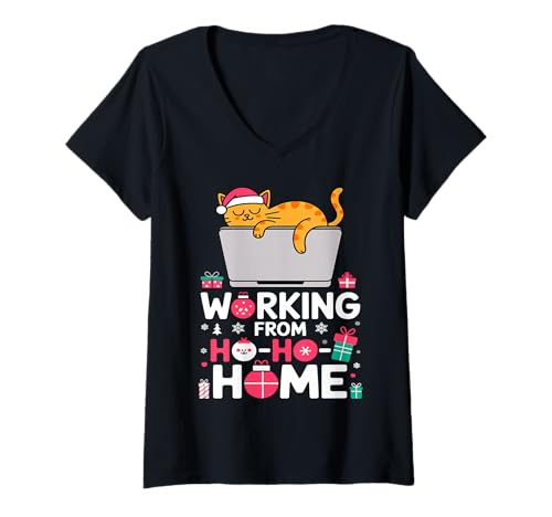 Damen Weihnachten Ho Ho Homeoffice Lustig Katzenliebhaber Humor T-Shirt mit V-Ausschnitt Damen Weihnachten Ho Ho Homeoffice Lustig Katzenliebhaber Humor T-Shirt mit V-Ausschnitt von Freelancer Cat Christmas Fun