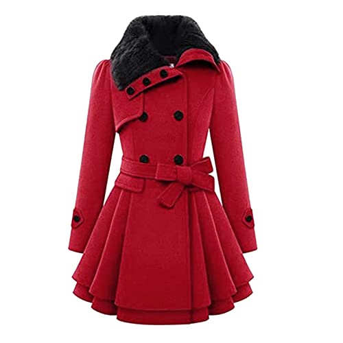 Freenfitmall Winter Frau Warm Overcoat Mode Plüsch Umlegegurt Zweireiher Gürtel Damen Jacke Vintage Solide Langarm Outwear, rot, 52 von Freenfitmall