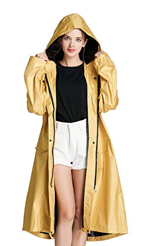 Frauen Langer Regenmantel wasserdichte Regenjacke mit Kapuze Reißverschluss und Taschen im Freien (Gelb, M) von Freesmily
