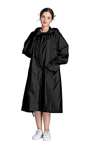 Frauen Langer Regenmantel wasserdichte Regenjacke mit Kapuze Reißverschluss und Taschen im Freien (Schwarz, XL) von Freesmily