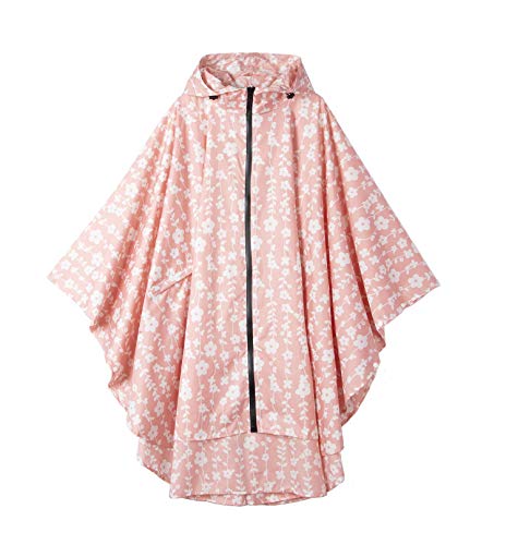 Freesmily Damen Regen Poncho stilvolle wasserdichte Regenmantel mit Kapuze Reißverschluss (Pinke Blume) von Freesmily