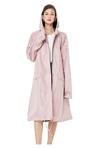 Frauen langer Regenmantel wasserdichte Regenjacke mit Kapuze Reißverschluss und Taschen im Freien (grau rosa, XL) von Freesmily