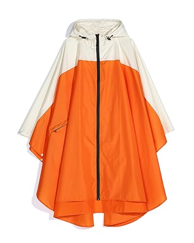 Freesmily Damen Regen Poncho stilvolle wasserdichte Regenmantel mit Kapuze Reißverschluss (Orange Weiß) von Freesmily