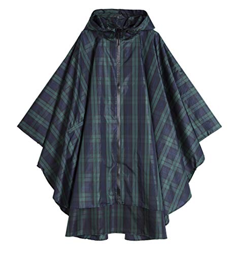 Freesmily Damen Regen Poncho stilvolle wasserdichte Regenmantel mit Kapuze Reißverschluss (grünes Plaid) von Freesmily