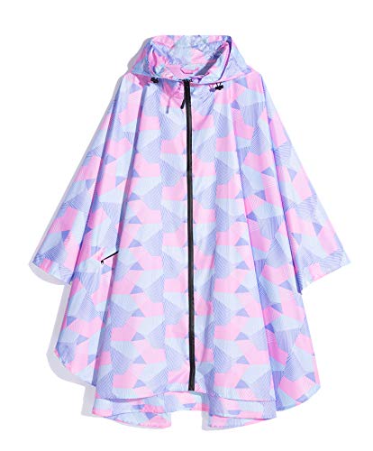 Freesmily Damen Regen Poncho stilvolle wasserdichte Regenmantel mit Kapuze Reißverschluss (rosa Geometrie) von Freesmily