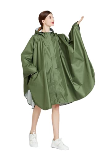 Freesmily Damen Regenponcho Wasserdichter Regenmantel Freie Größe mit Kapuze Reißverschluss Aufbewahrungstasche mit Gürtel (Armee Grün) von Freesmily