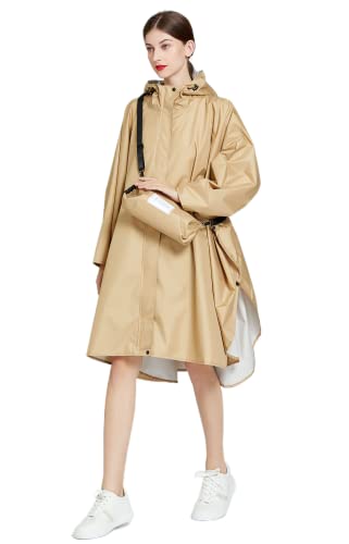 Freesmily Damen Regenponcho Wasserdichter Regenmantel Freie Größe mit Kapuze Reißverschluss Aufbewahrungstasche mit Gürtel (Khaki) von Freesmily