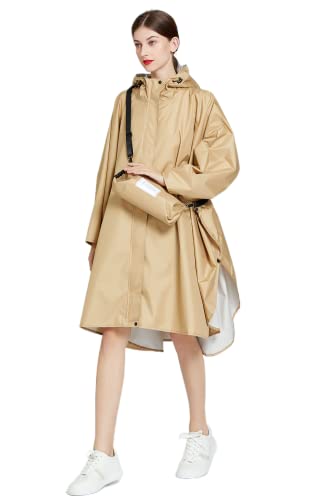 Damen Regenponcho Wasserdichter Regenmantel Freie Größe mit Kapuze Reißverschluss Aufbewahrungstasche mit Gürtel (Khaki) von Freesmily