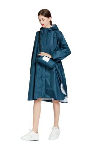 Damen Regenponcho Wasserdichter Regenmantel Freie Größe mit Kapuze Reißverschluss Aufbewahrungstasche mit Gürtel (Ozeanblau) von Freesmily