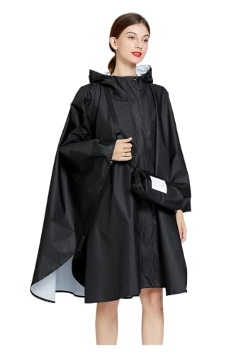 Freesmily Damen Regenponcho Wasserdichter Regenmantel Freie Größe mit Kapuze Reißverschluss Aufbewahrungstasche mit Gürtel (Schwarz) von Freesmily