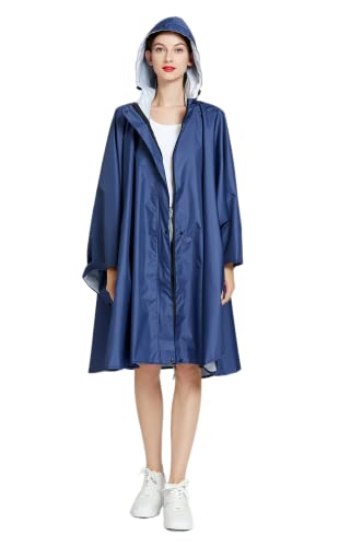 Freesmily Damen Regenponcho Wasserdichter Regenmantel Freie Größe mit Kapuze Reißverschluss Aufbewahrungstasche mit Gürtel (Tiefblau) von Freesmily