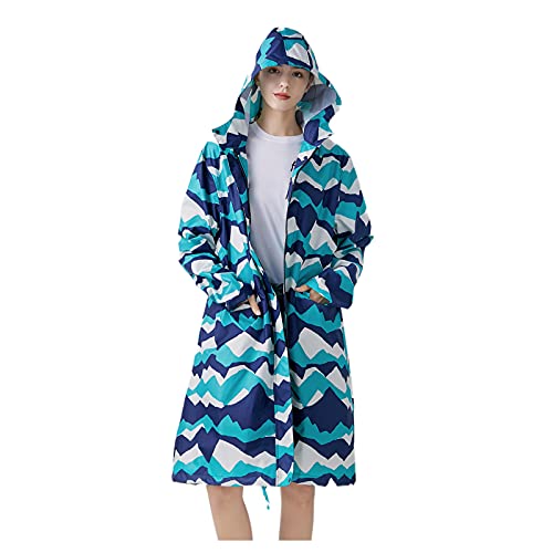 Freesmily Damen Stilvoller langer Regenmantel mit wasserdichter Regenjacke mit Kapuze (Bergblau, L) von Freesmily